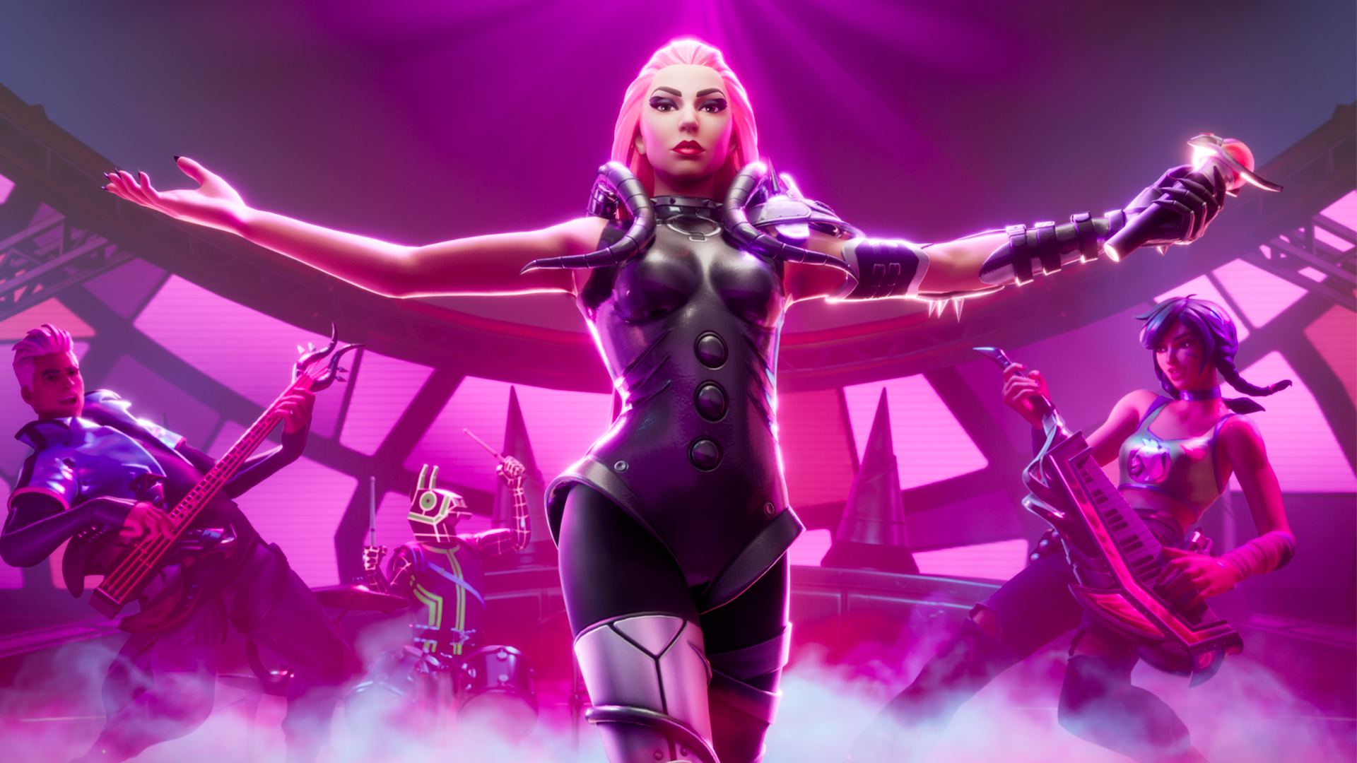 An in-game version of Lady Gaga in Fortnite Festival, flanked by other musicians, on a colorful Chromatica-themed stage