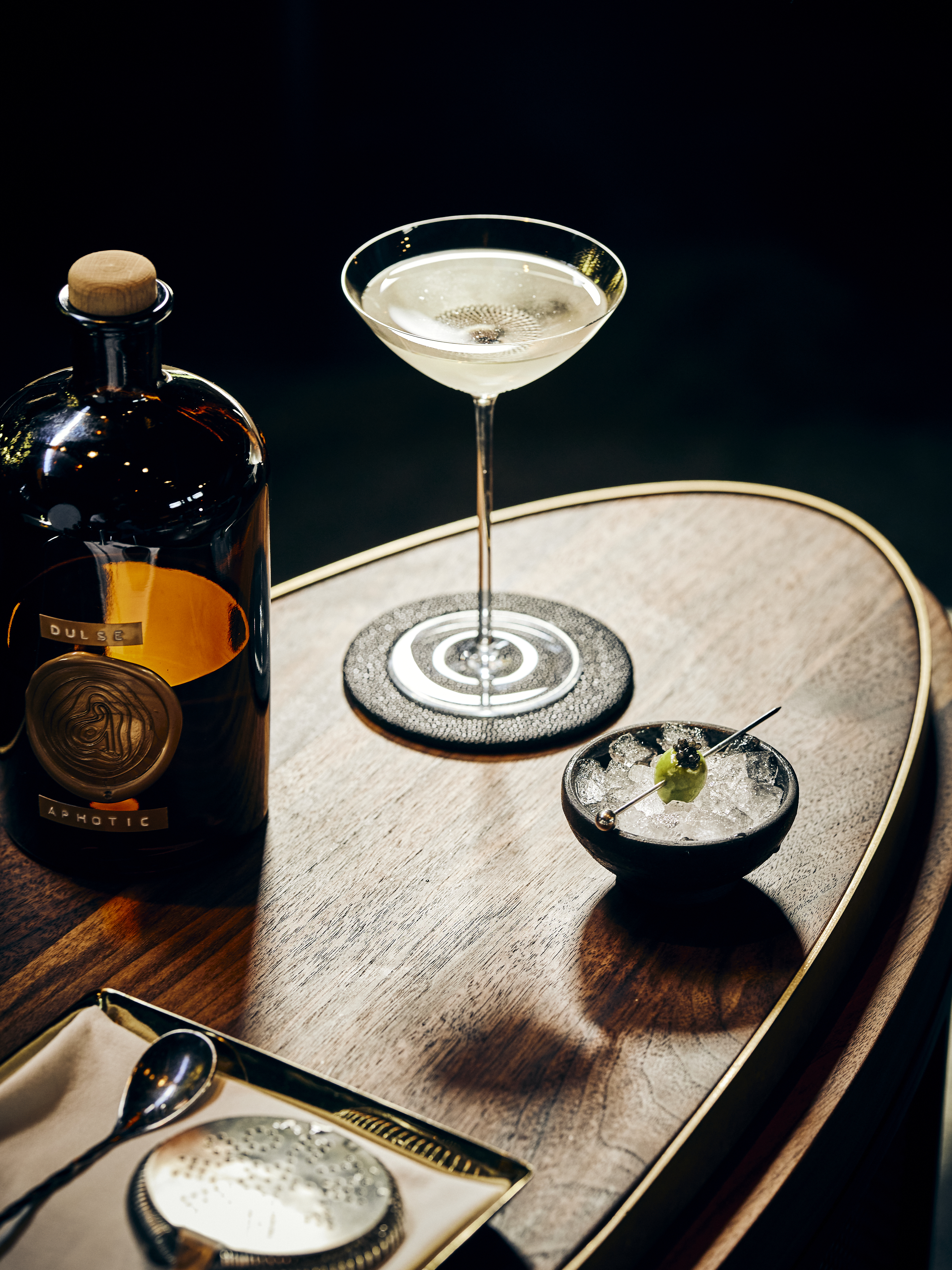 A martini on a table.