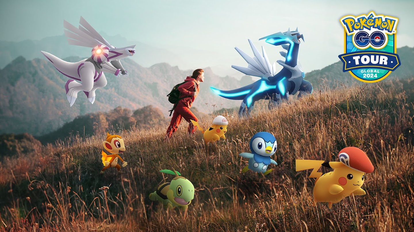 A person walks up a hill with several Pokémon, including Dialga and Palkia, around them