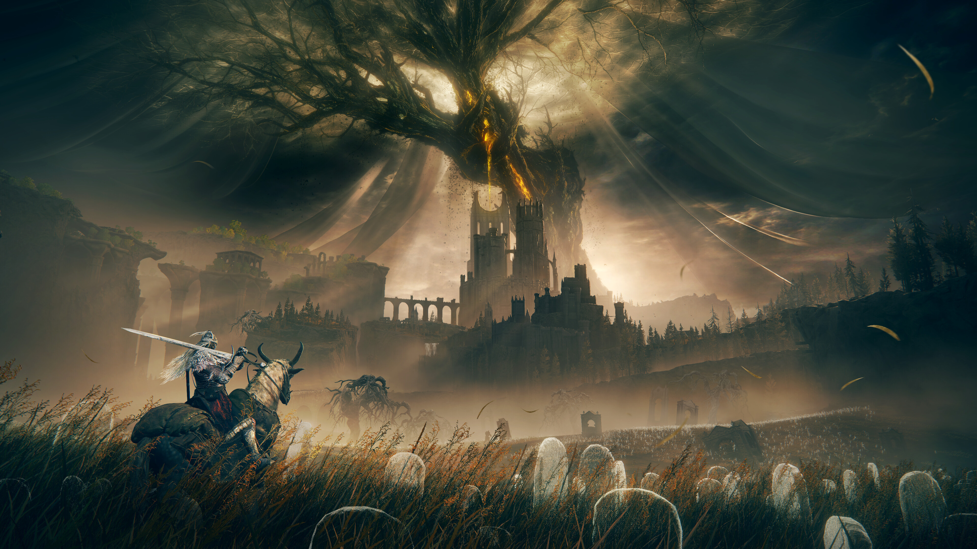 A warrior on Torrent’s back stands in a grass-filled ghostly graveyard and looks up at a corrupted Erdtree in a screenshot from Elden Ring: Shadow of the Erdtree