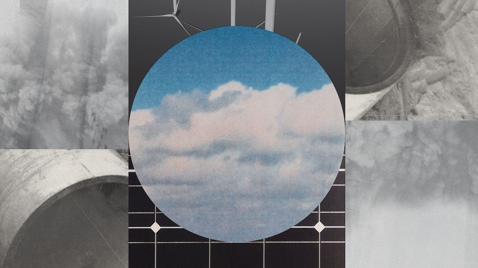 A photo collage includes images of clouds on a blue sky, solar panels, wind turbines, pipelines, and puffs of smoke.