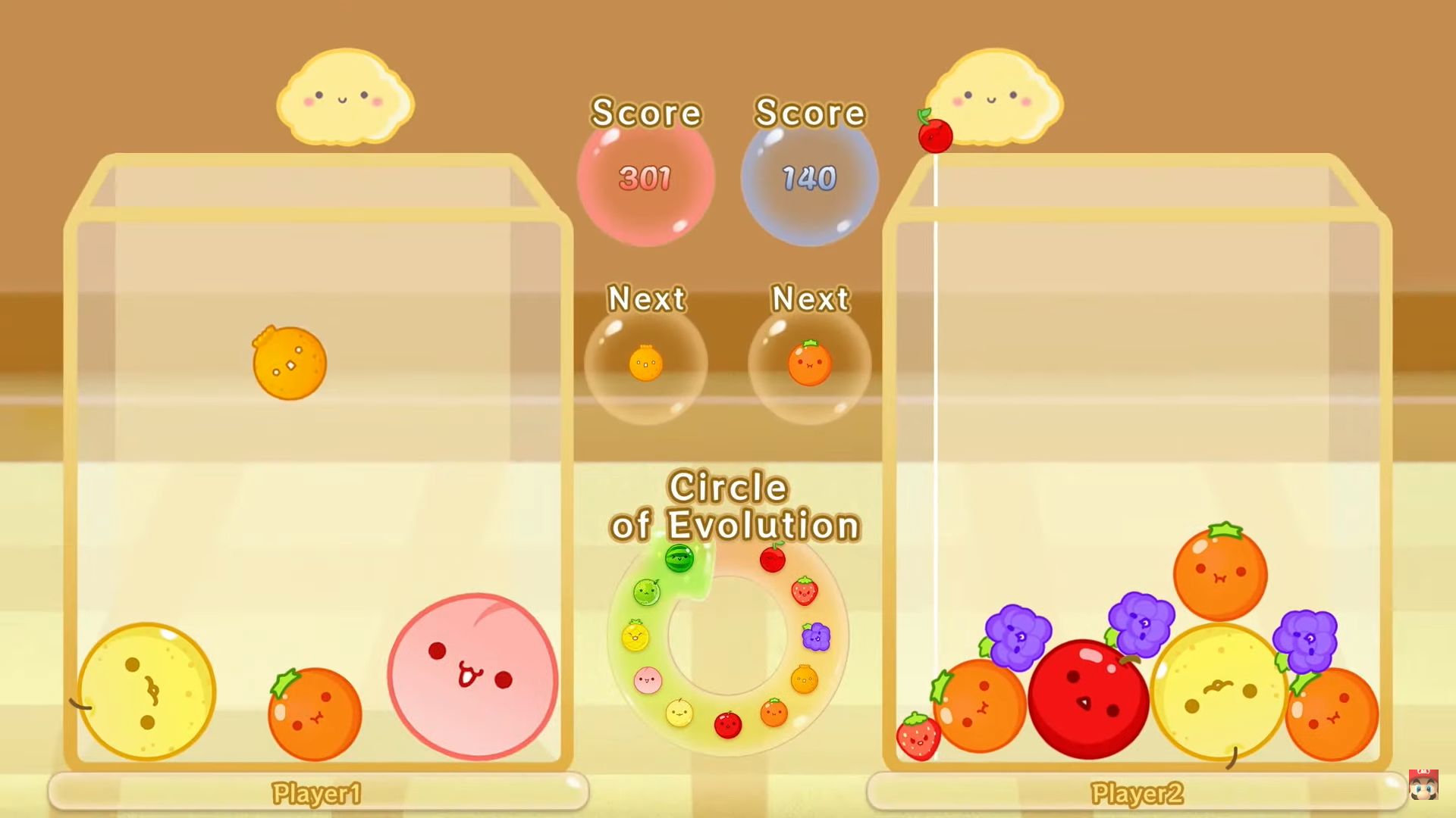 Two player Suika Game, showing two boxes full of fruit