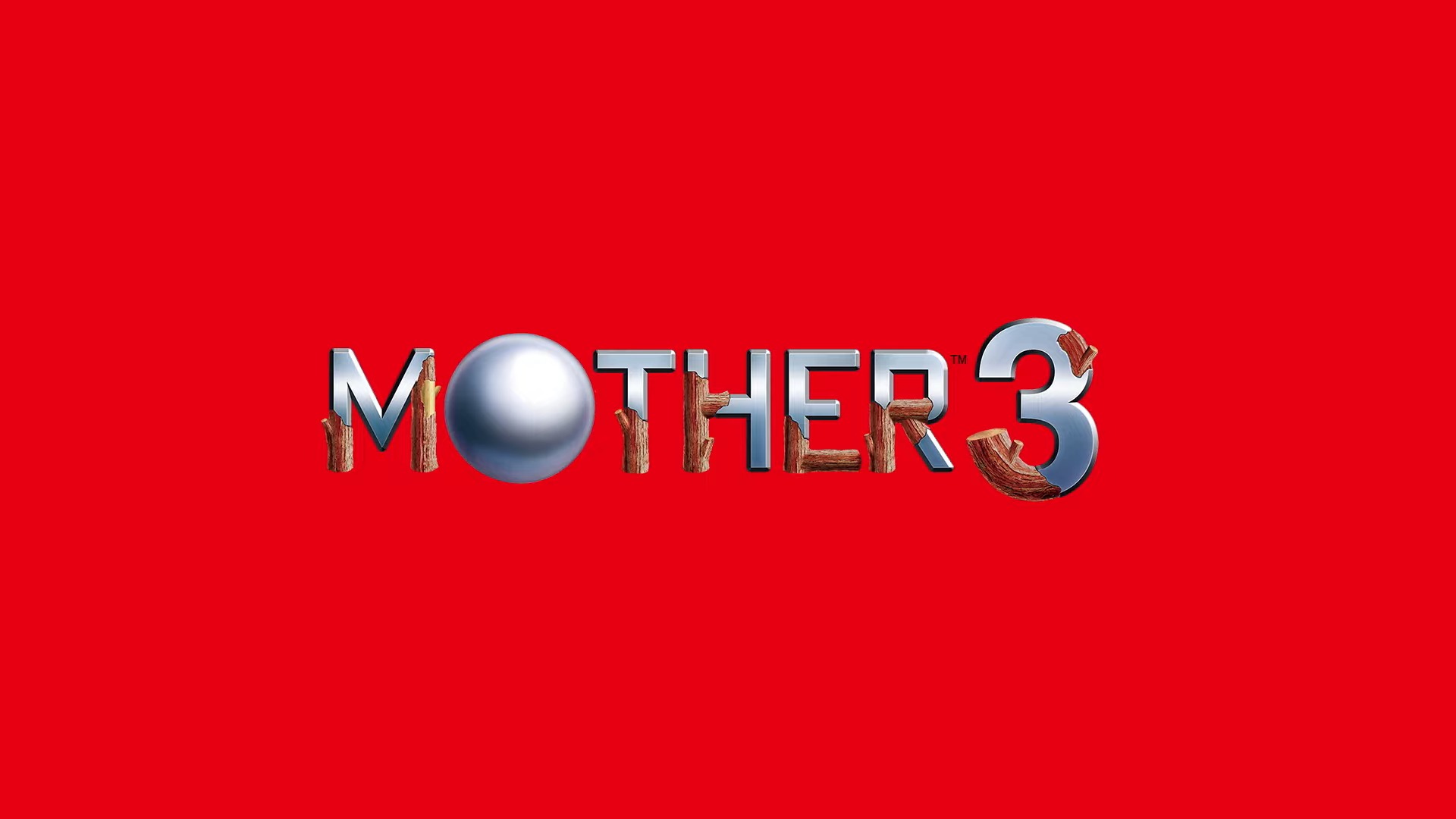 The logo for Mother 3, a combination of wood and chrome metal aesthetic, on a red background