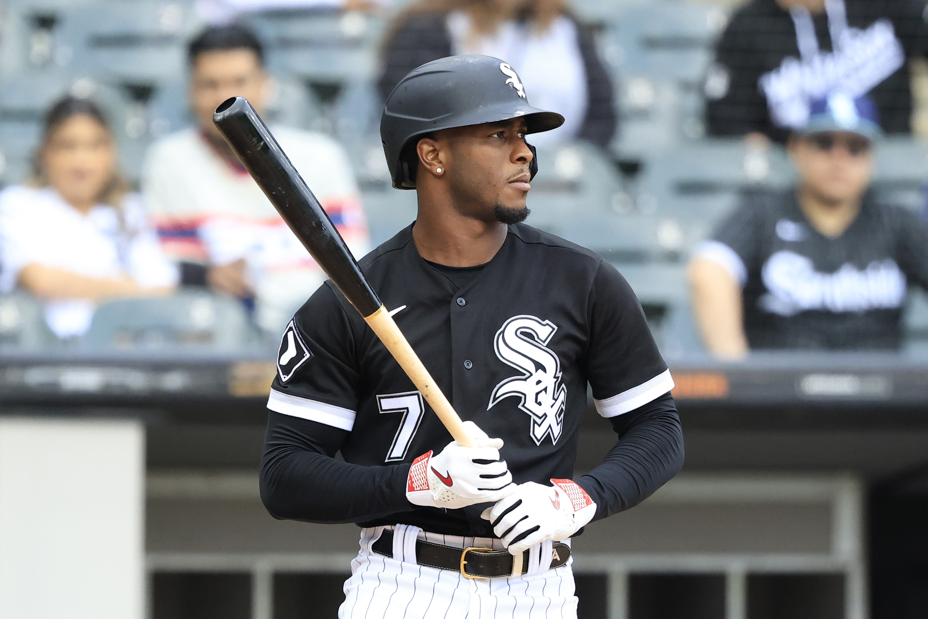 Tim Anderson of the Chicago White Sox at bat in the game against the Arizona Diamondbacks at Guaranteed Rate Field on September 28, 2023 in Chicago, Illinois.