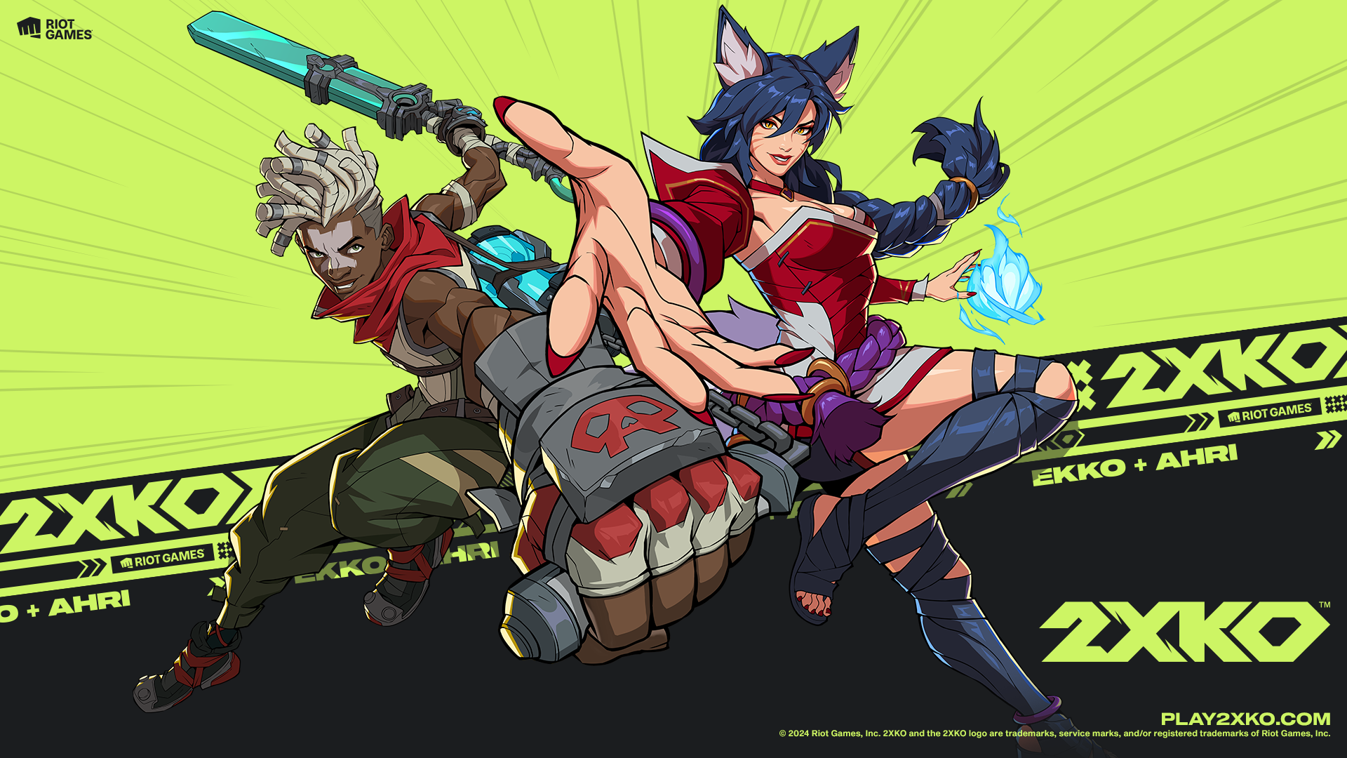 Key art for Riot Games’ fighting game 2XKO, showing Ekko and Ahri from League of Legends posing in a dynamic way.
