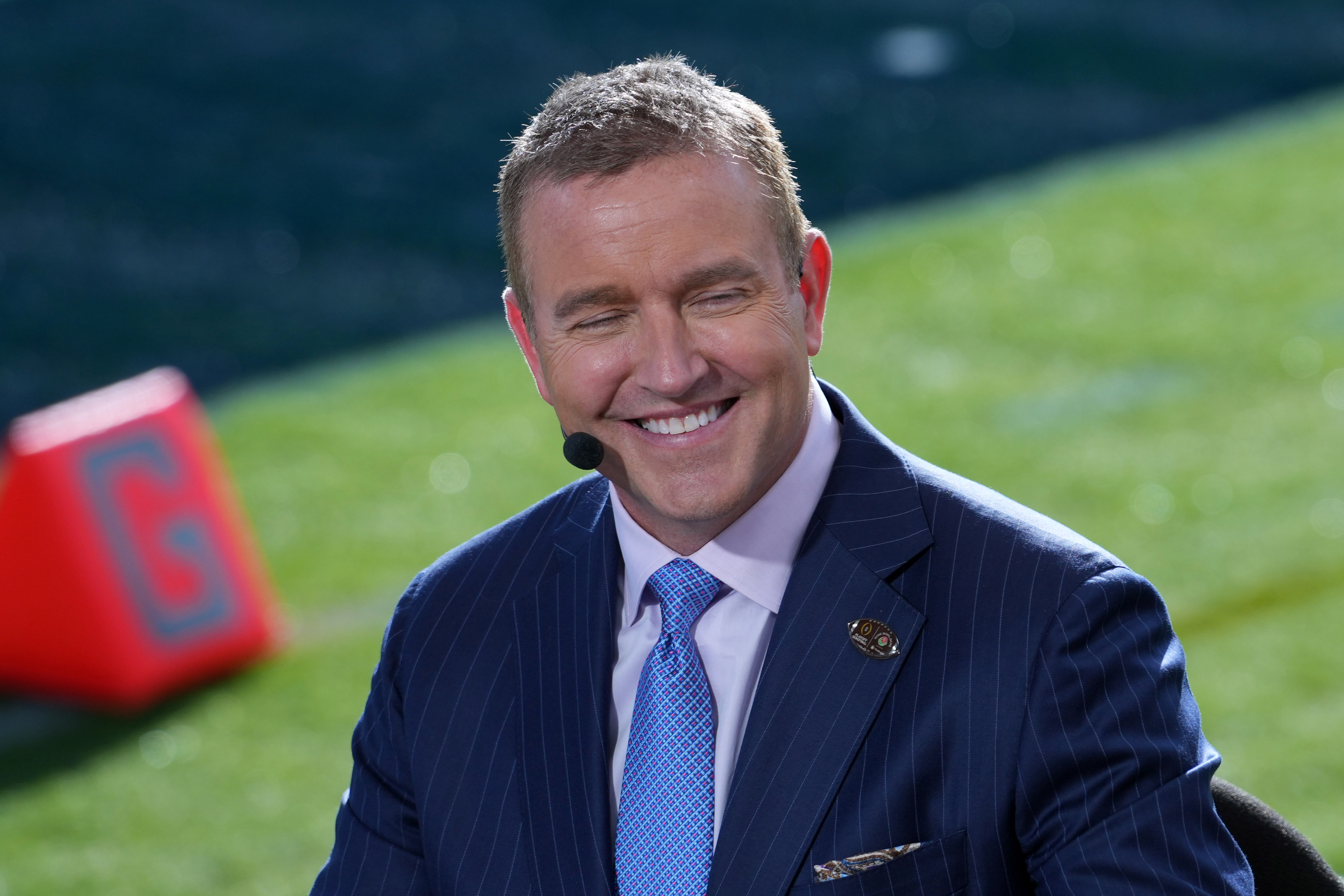 Kirk Herbstreit on the ESPN College Gameday set at the 2024 Rose Bowl college football playoff semifinal game at Rose Bowl.
