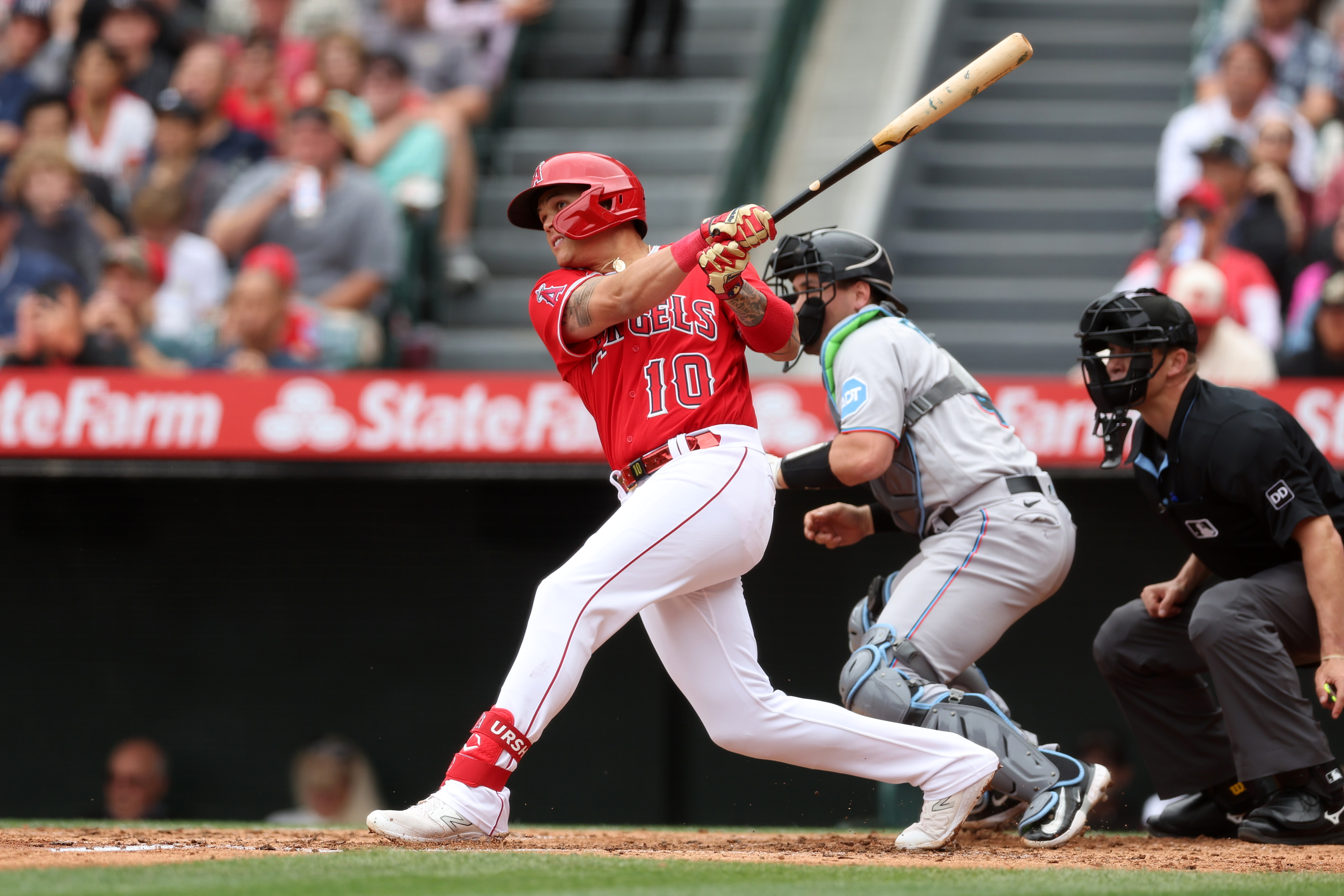 Gio Urshela of the Los Angeles Angels bats during the game against the Miami Marlins at Angel Stadium of Anaheim on May 28, 2023 in Anaheim, California.