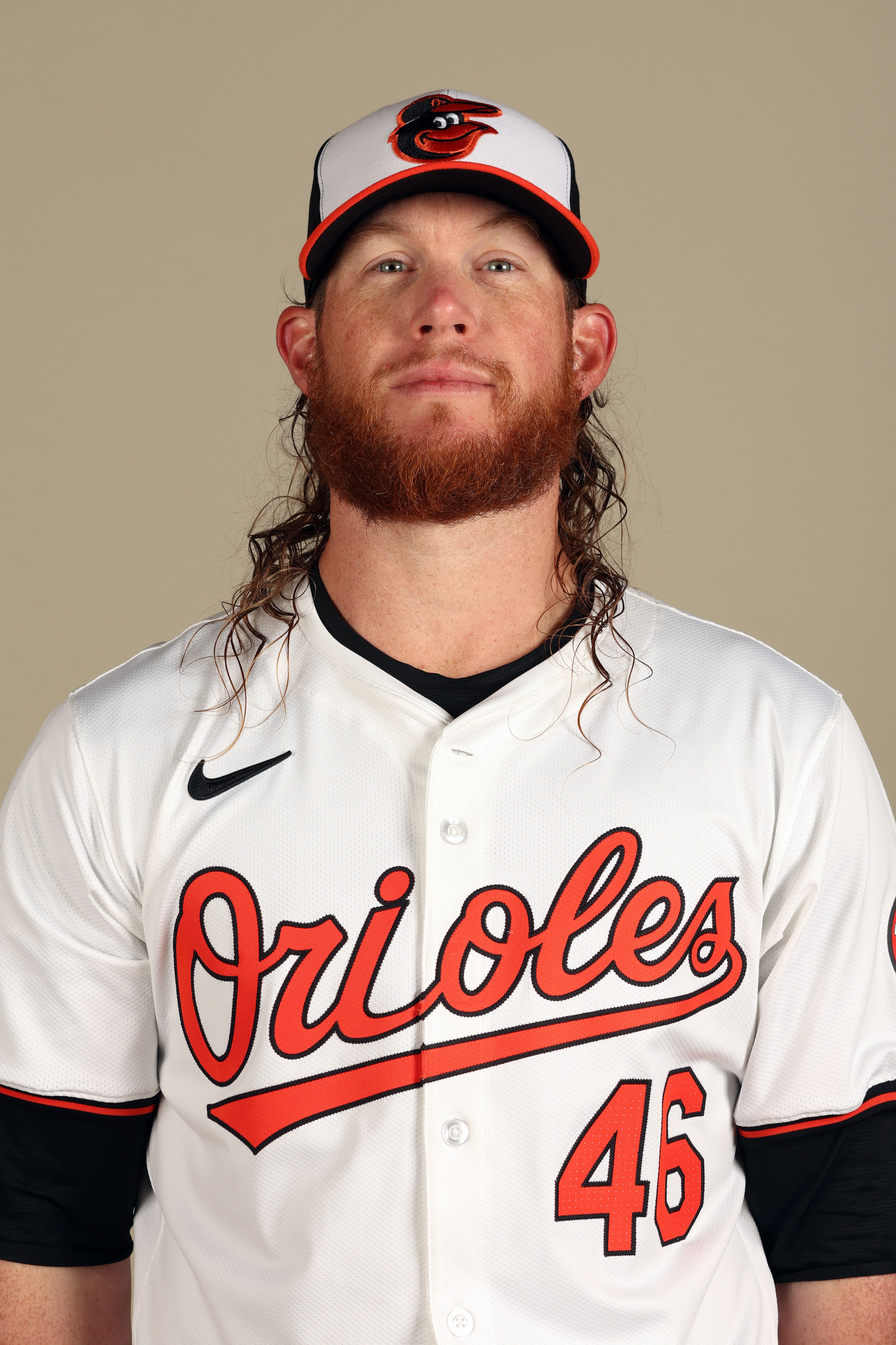 Craig Kimbrel, a man with a red beard and greasy-looking red hair, wearing a white Orioles uniform and white-panel Orioles hat with the Cartoon Bird logo