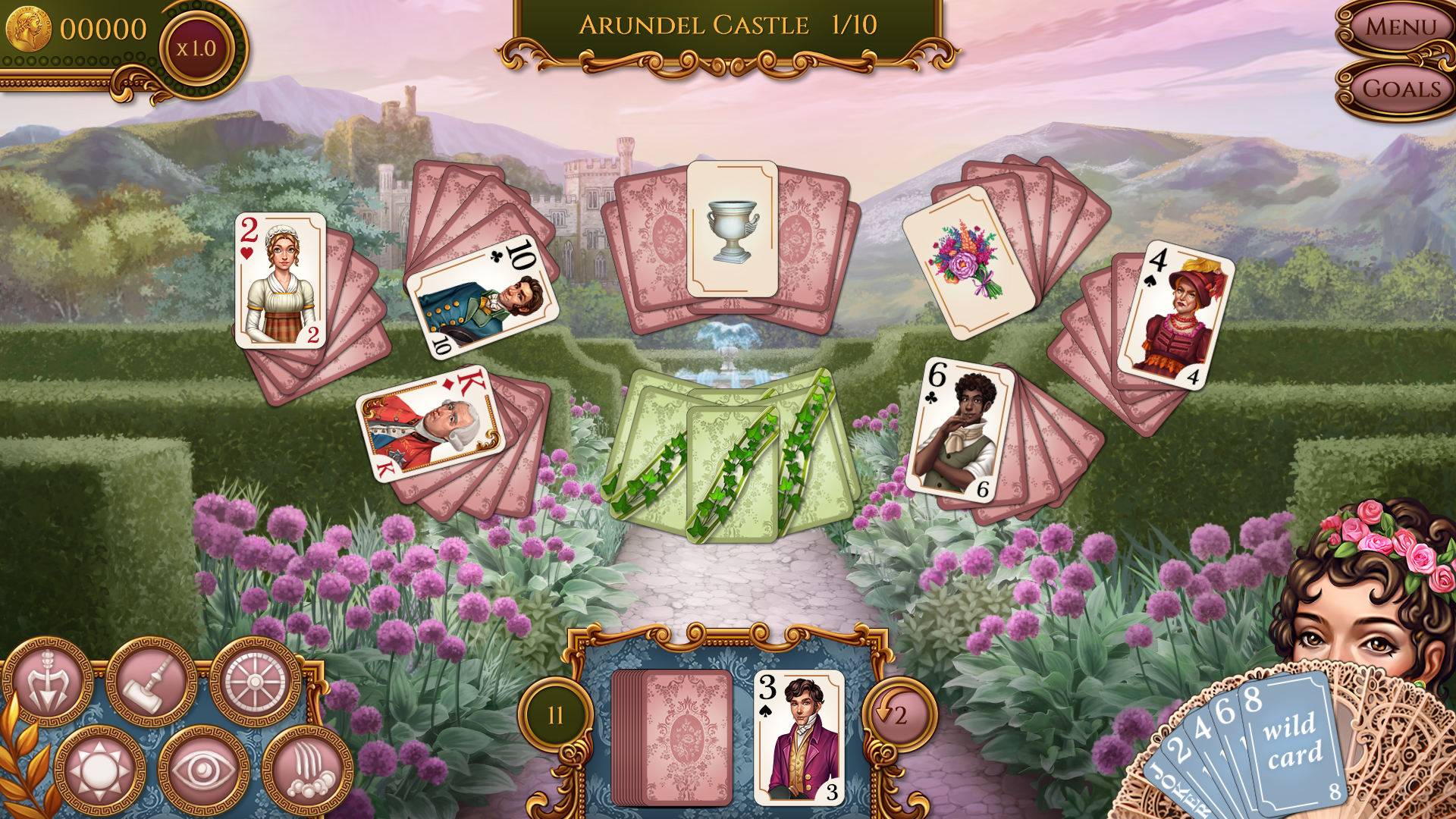 Playing cards with paintings of characters on them are artfully laid out across a formal garden background in Regency Solitaire 2