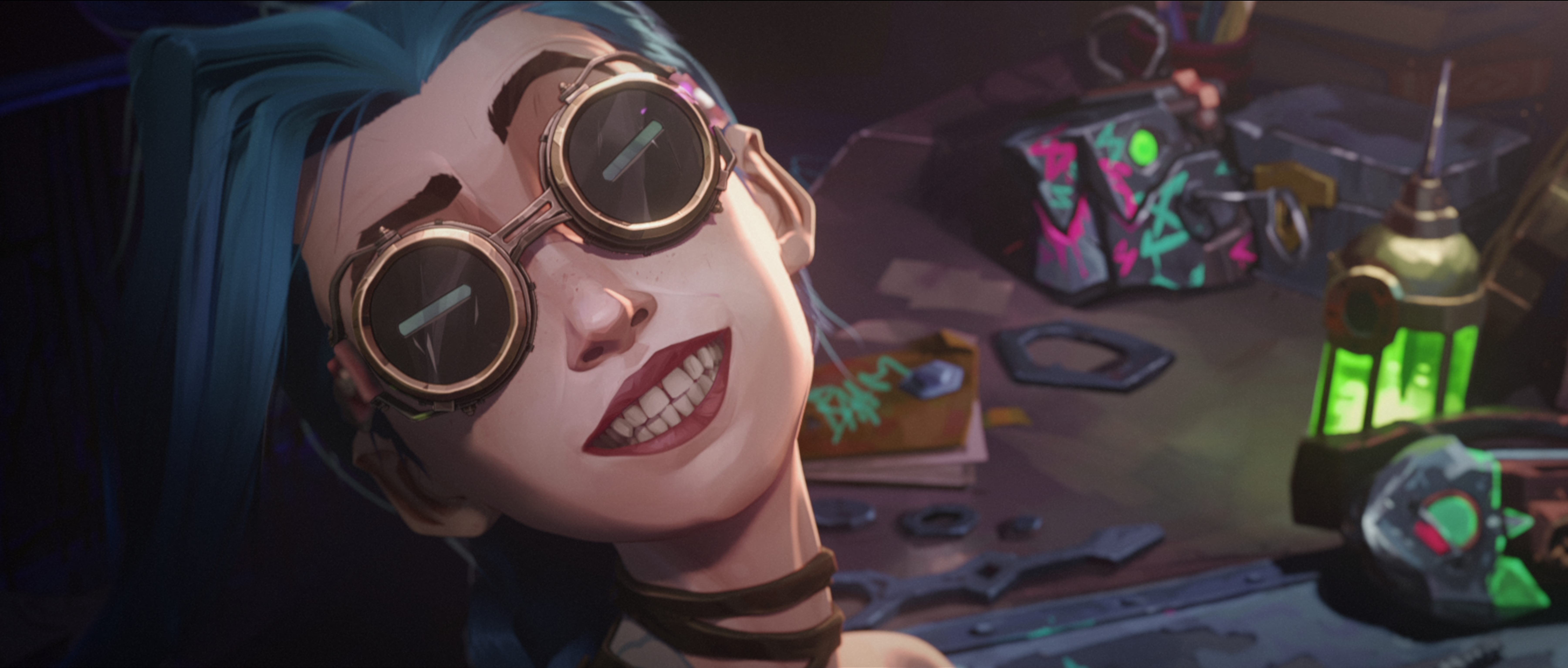 Jinx smiling with goggles on in a still from season 1 of Arcane