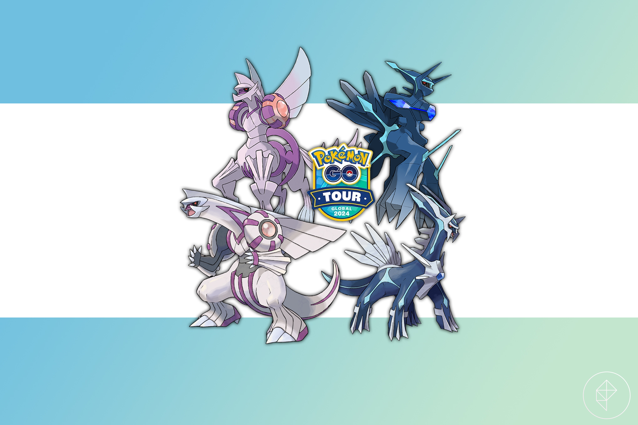 Dialga, Palkia, and their origin forms around the Pokémon Go Tour global logo.