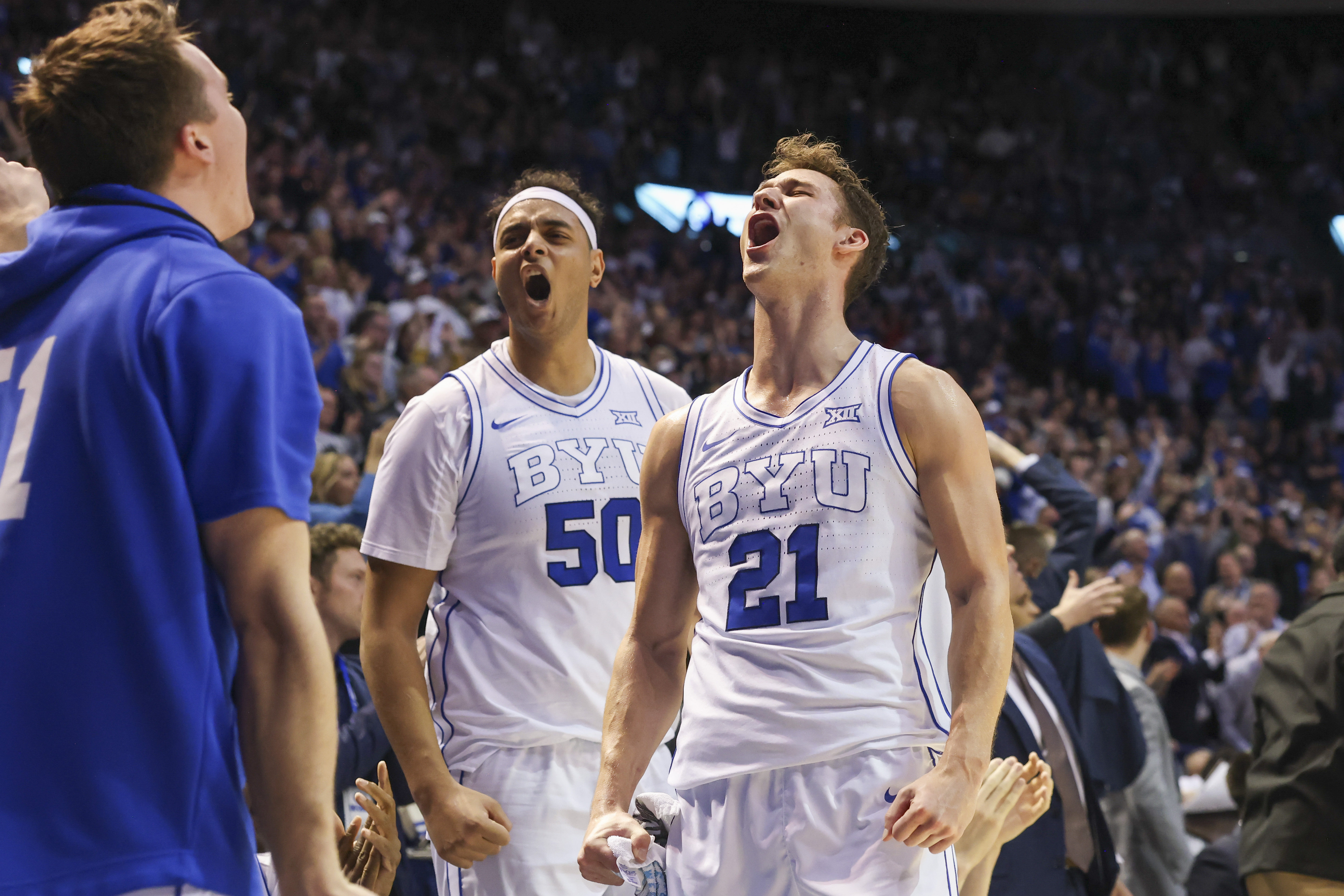 Brigham Young Cougars center Aly Khalifa and guard Trevin Knell react to a play against the Baylor Bears during the second half at Marriott Center.