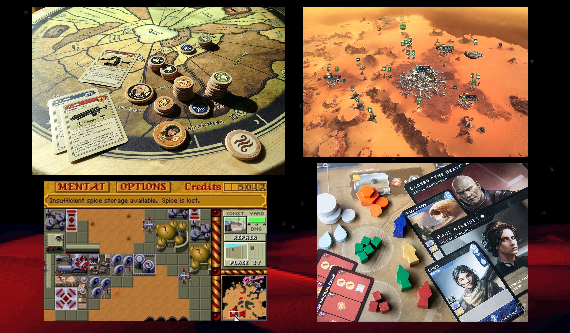 Screenshots from Dune 2 and Dune: Spice Wars alongside product shots for Dune Imperium and Dune: A Game of Conquest, Diplomacy &amp; Betrayal
