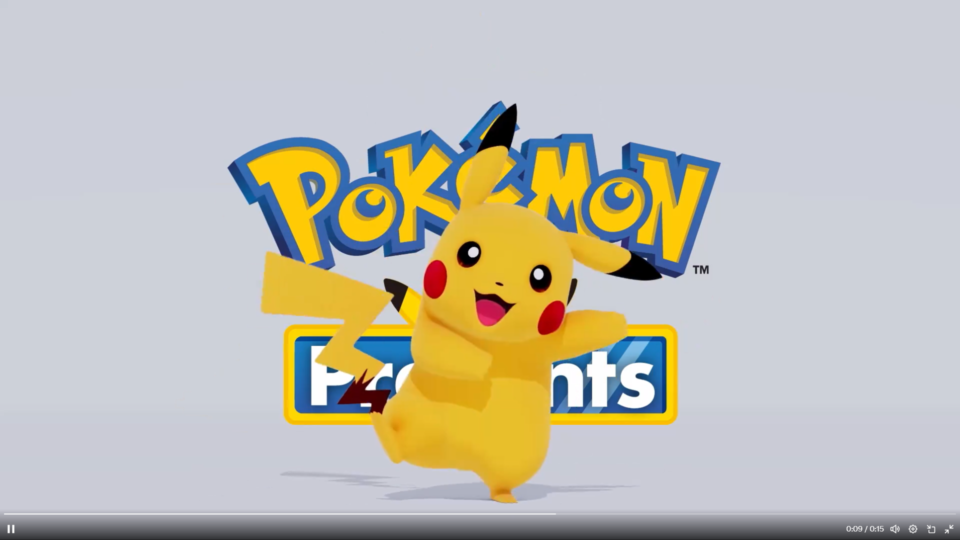 Pikachu in front of a banner that says “Pokémon Presents”