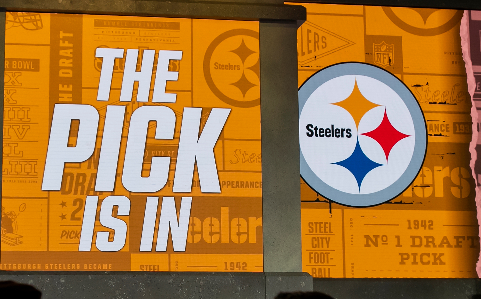 The pick graphic for the Pittsburgh Steelers on display during Round One of the 2023 NFL Draft at Union Station in Kansas City, MO.