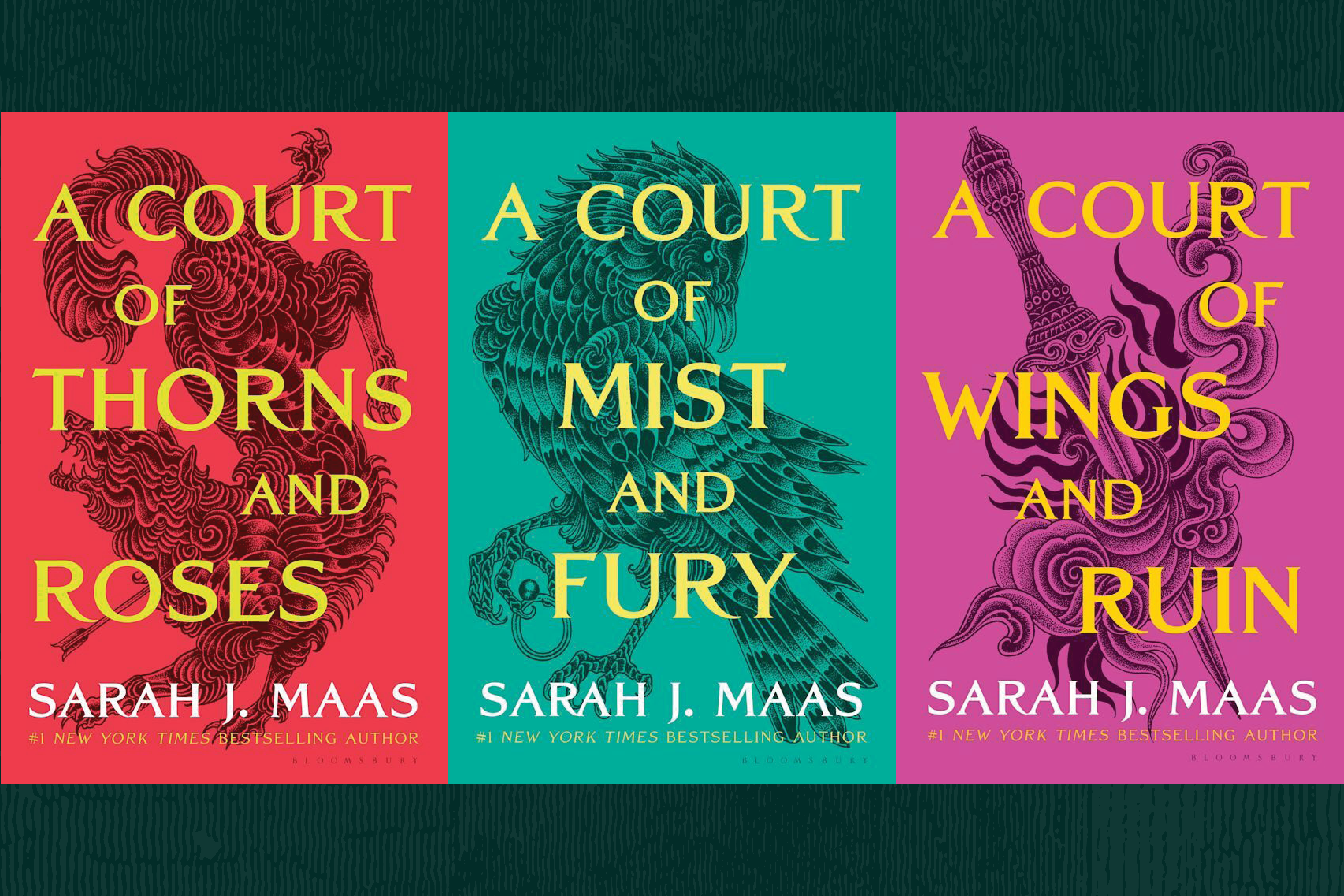 Three book covers in a row: A Court of Thorns and Roses, A Court of Mist and Fury, A Court of Wings and Ruin