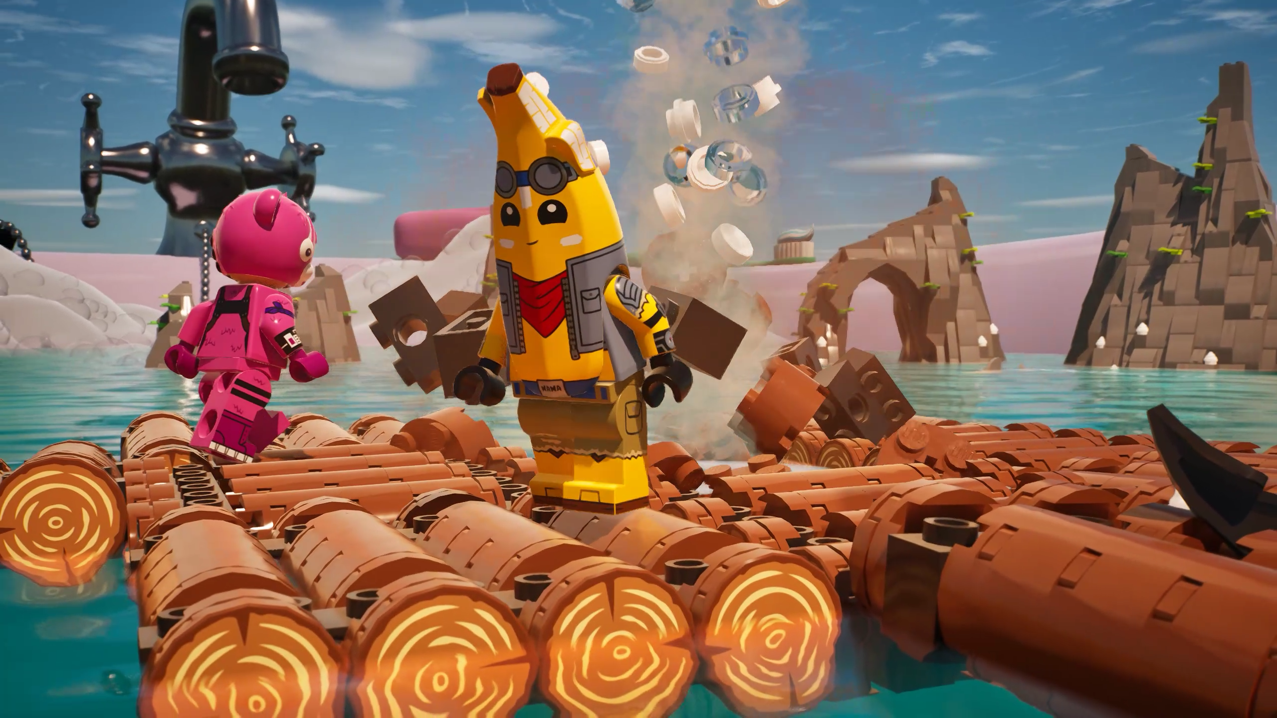 an image of Peely in Lego Raft Survival in Fortnite. It shows a Lego-version of Peely the banana mascot from Fortnite standing on a raft. 