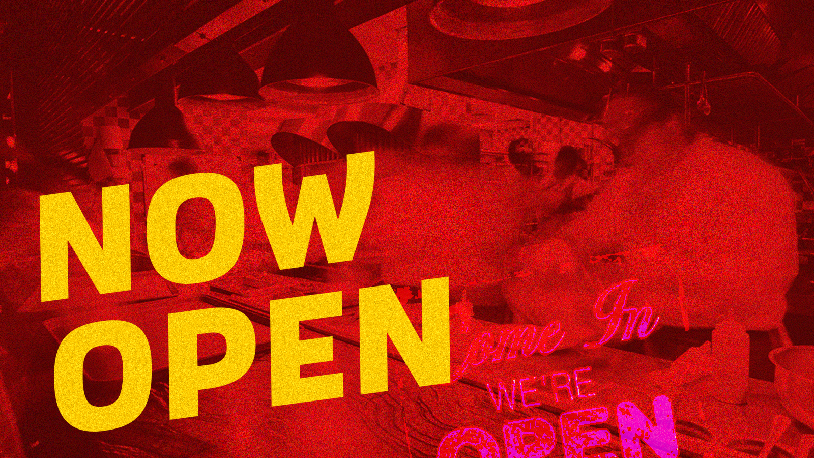 A bright red graphci design of the interior of a restaurant with yellow block letters reading “Now Open” on the left side. 