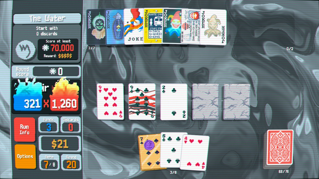 A screenshot of Balatro, depicting a top-down view of cards on a table, with a series of special Joker cards splayed out at the top of the screen, some face cards in the center, and the player’s hand at the bottom