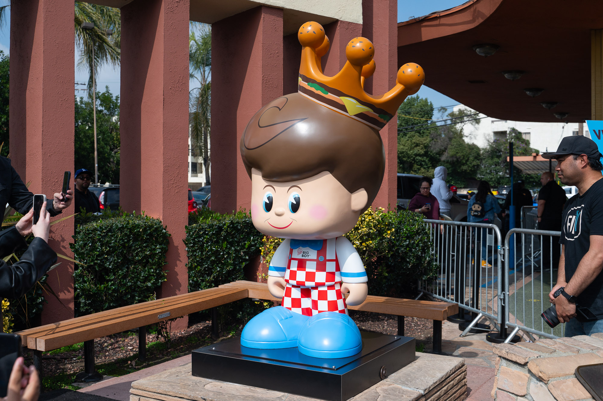 A fiberglass statue of Freddy Funko wearing a crown and dressed up as Bob’s Big Boy in Burbank.