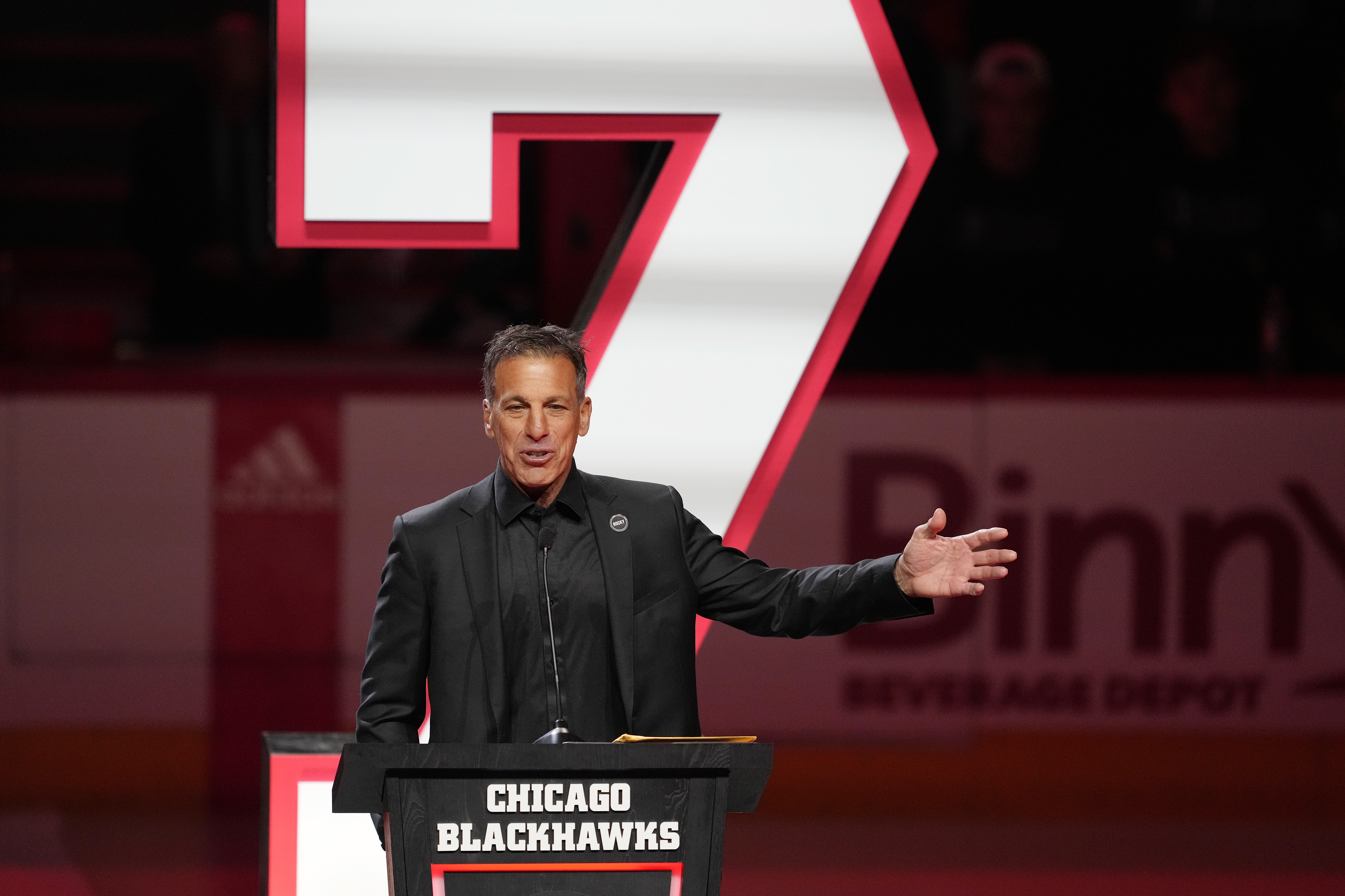 Former Chicago Blackhawks player Chris Chelios speaks during a jersey retirement celebration prior to the game between the Detroit Red Wings and the Chicago Blackhawks at the United Center on February 25, 2024 in Chicago, Illinois.