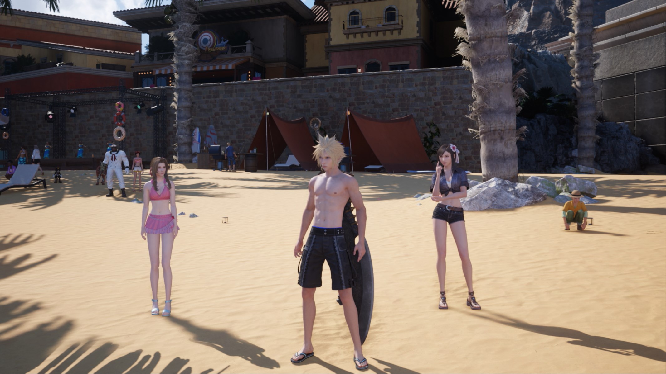 Cloud stands with Tifa and Aerith in beach outfits in Costa del Sol in FF7 Rebirth