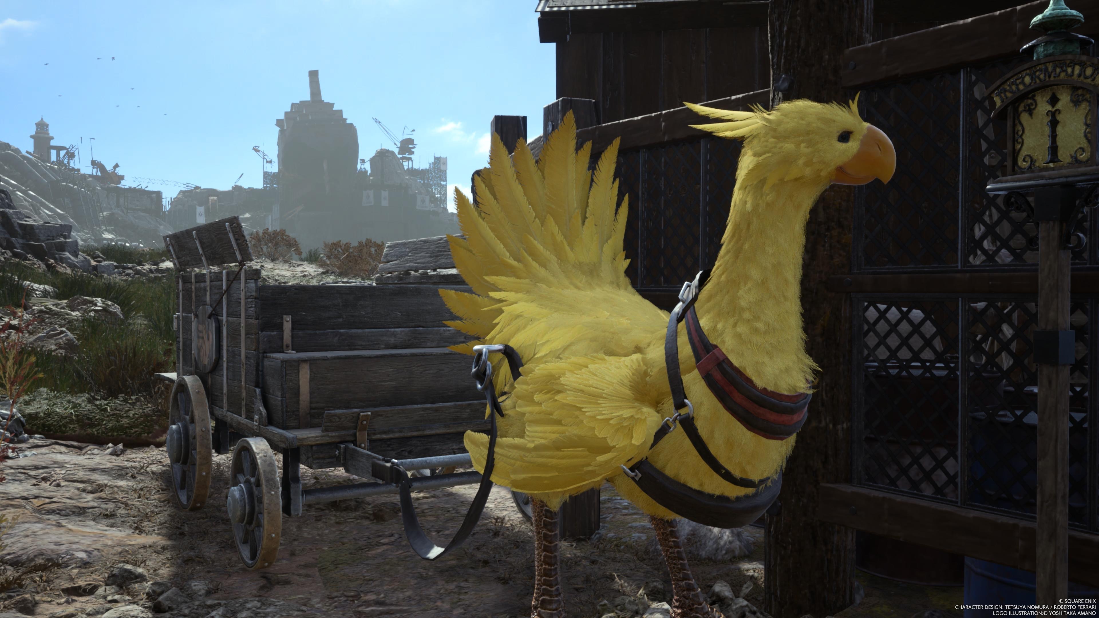 A chocobo pulling a cart stares off in the distance at Gabe’s chocobo farm in the Junon Region of Final Fantasy 7 Rebirth.