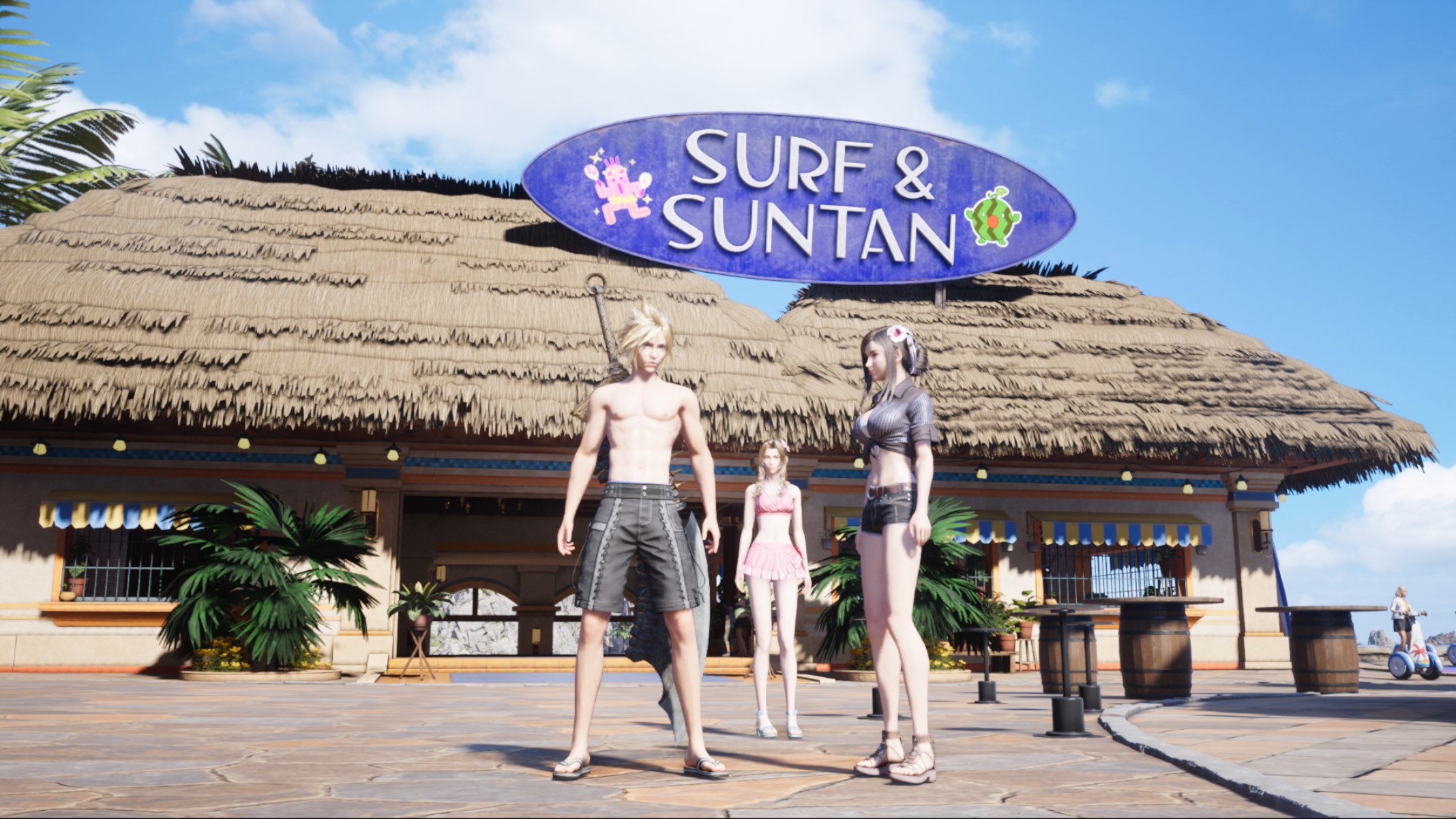 Cloud, Tifa, and Aerith stand in Costa del Sol in summer outfits in FF7 Rebirth
