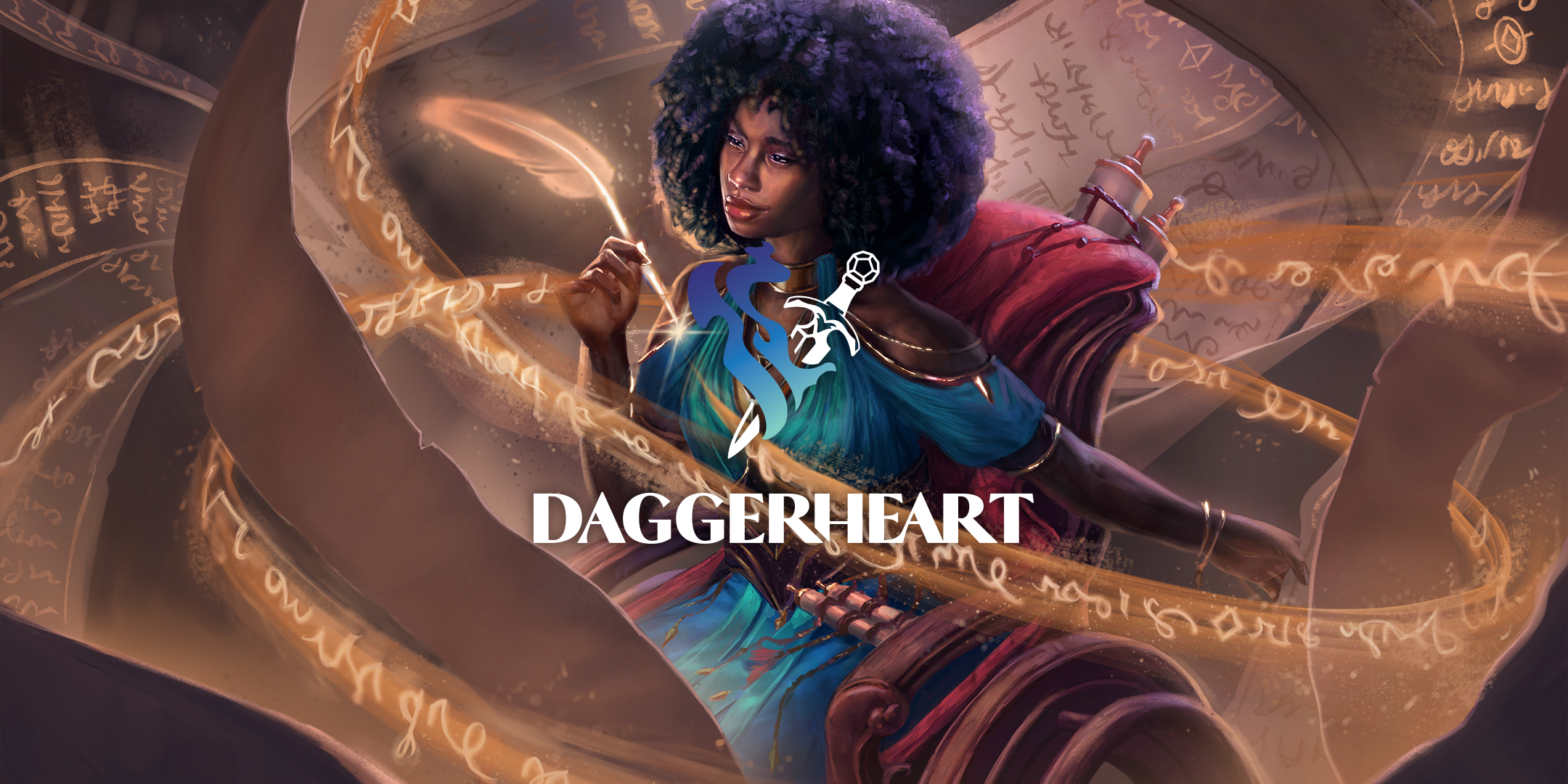 Promotional artwork for Daggerheart showing a woman in fantasy robes weaving a spell with a quill, overlaid with the game’s logo