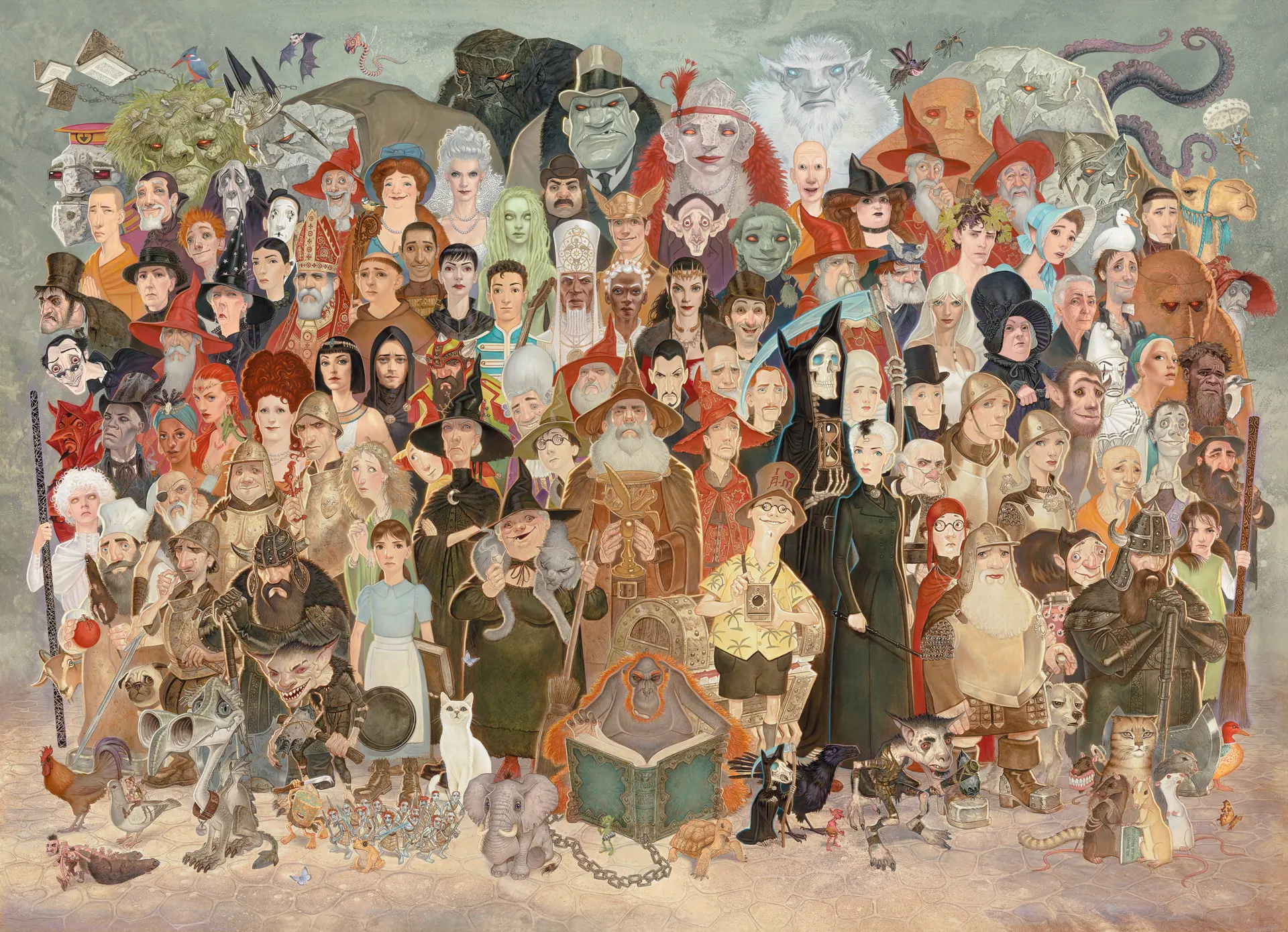 A mural of a bunch of Discworld characters all sitting together