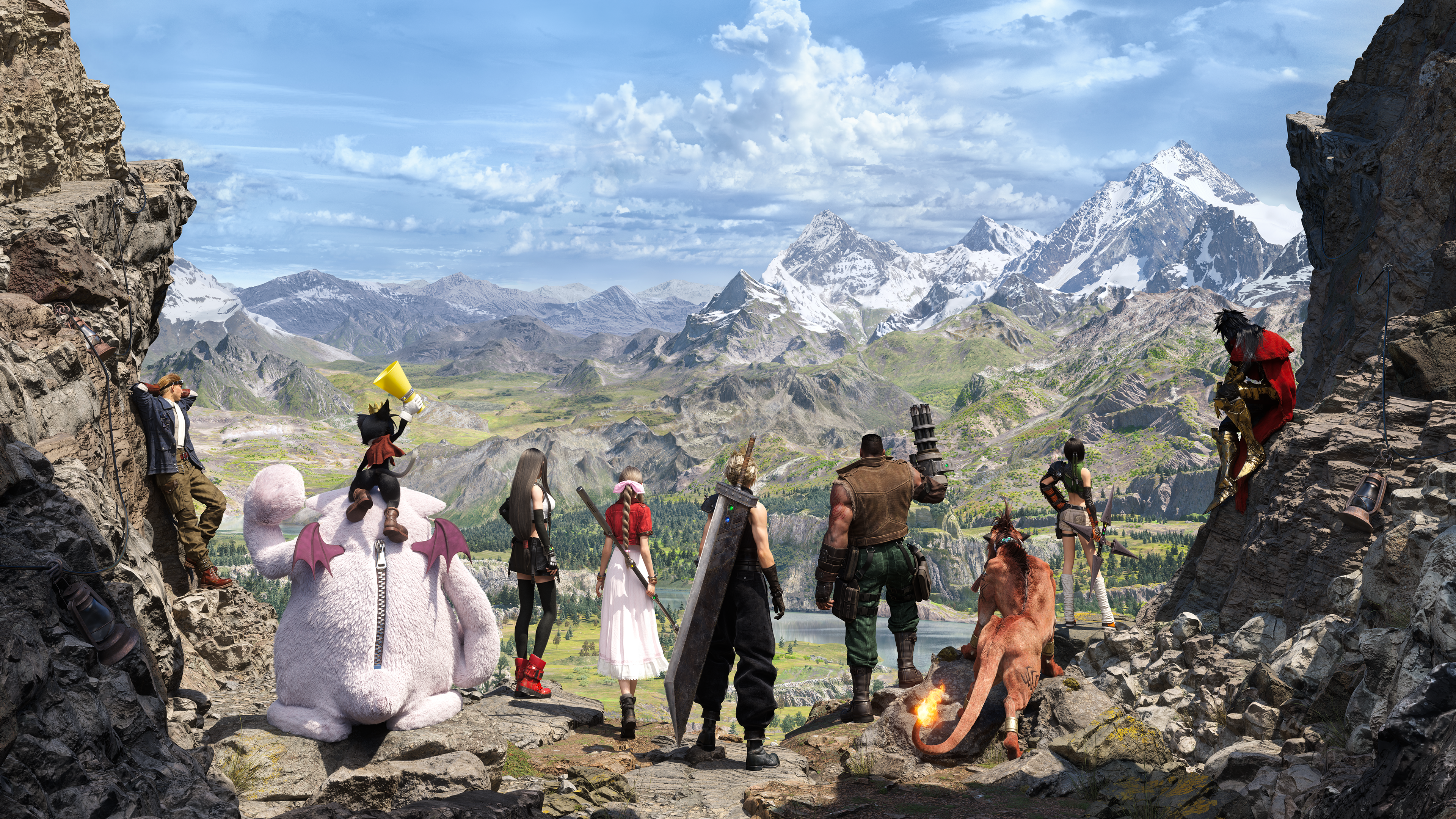 The cast of Final Fantasy 7 Rebirth stand on a mountain pass, looking at a huge mountain vista
