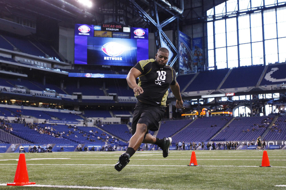 INDIANAPOLIS, IN - FEBRUARY 25: Offensive lineman Cordy Glenn of Georgia participates in a drill during the 2012 NFL Combine at Lucas Oil Stadium on February 25, 2012 in Indianapolis, Indiana. (Photo by Joe Robbins/Getty Images)