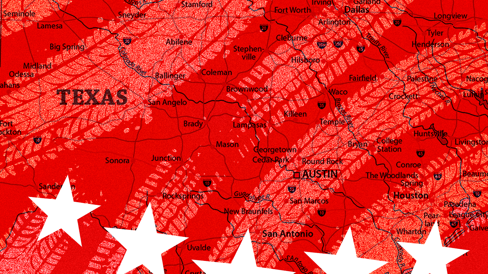 A red map of Texas with white stars on the bottom.