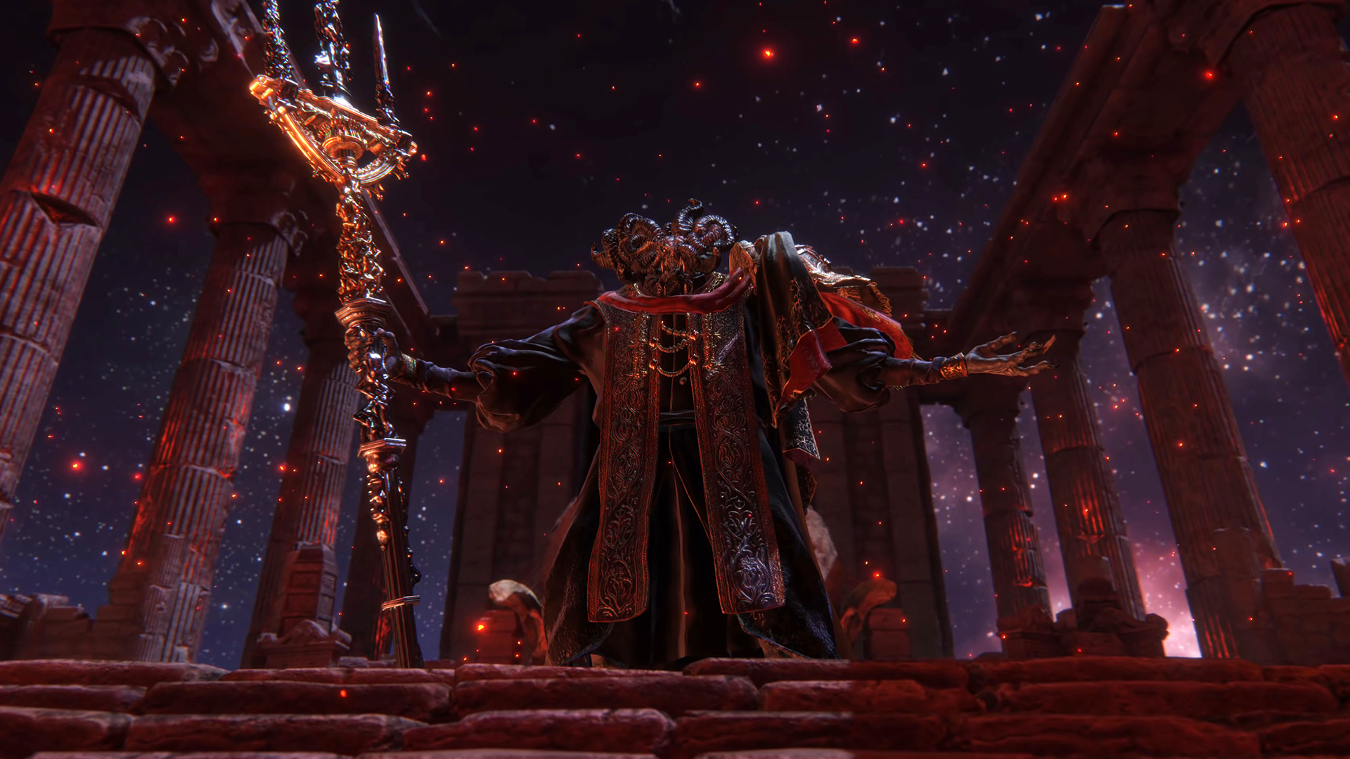 A screenshot of Mohg, Lord of Blood in his mausoleum as he is about to attack the player in Elden Ring