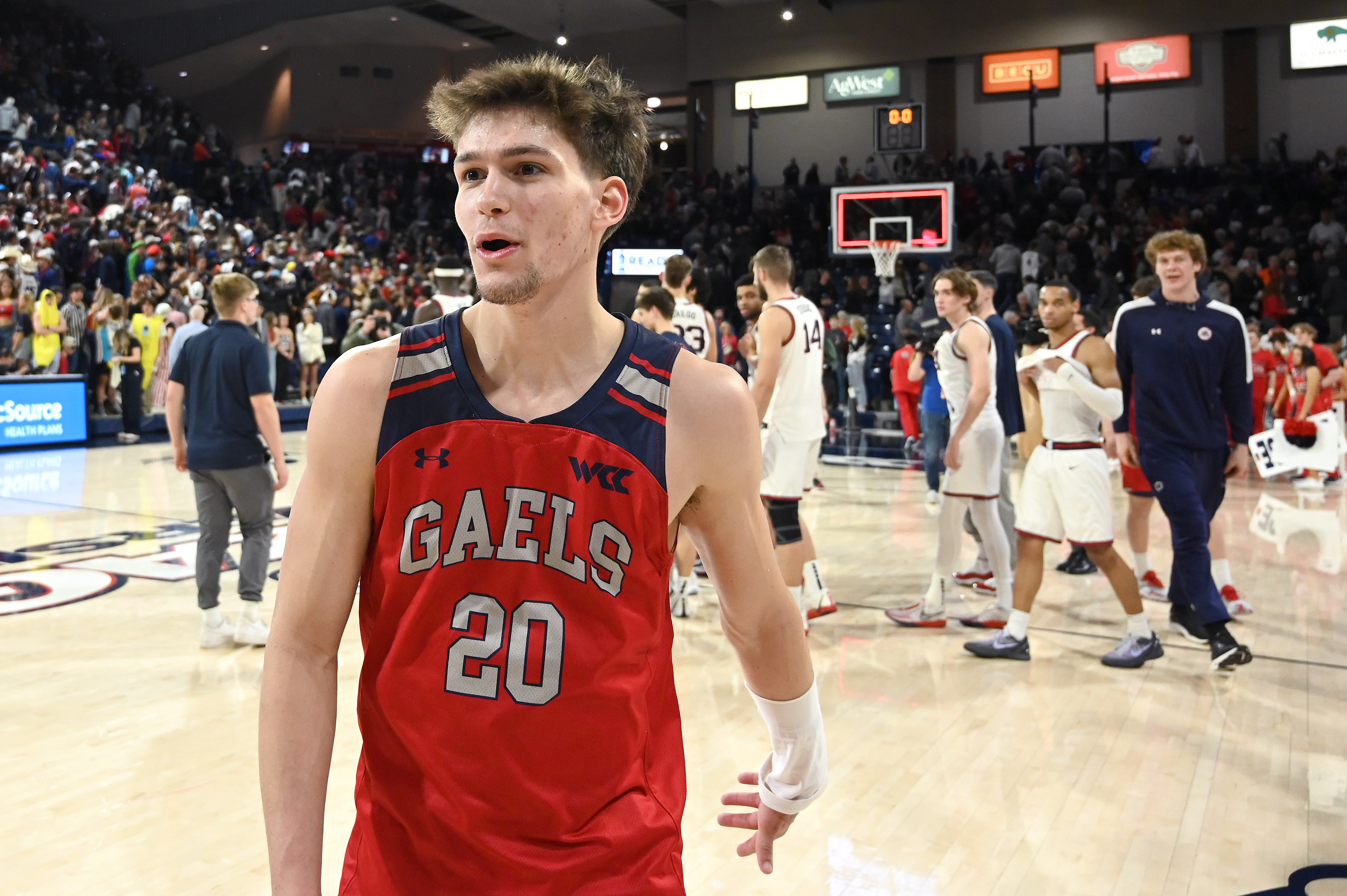 St. Mary’s Gaels guard Aidan Mahaney celebrates after a game against the Gonzaga Bulldogs in the second half at McCarthey Athletic Center. St. Mary’s Gaels won 64-62.