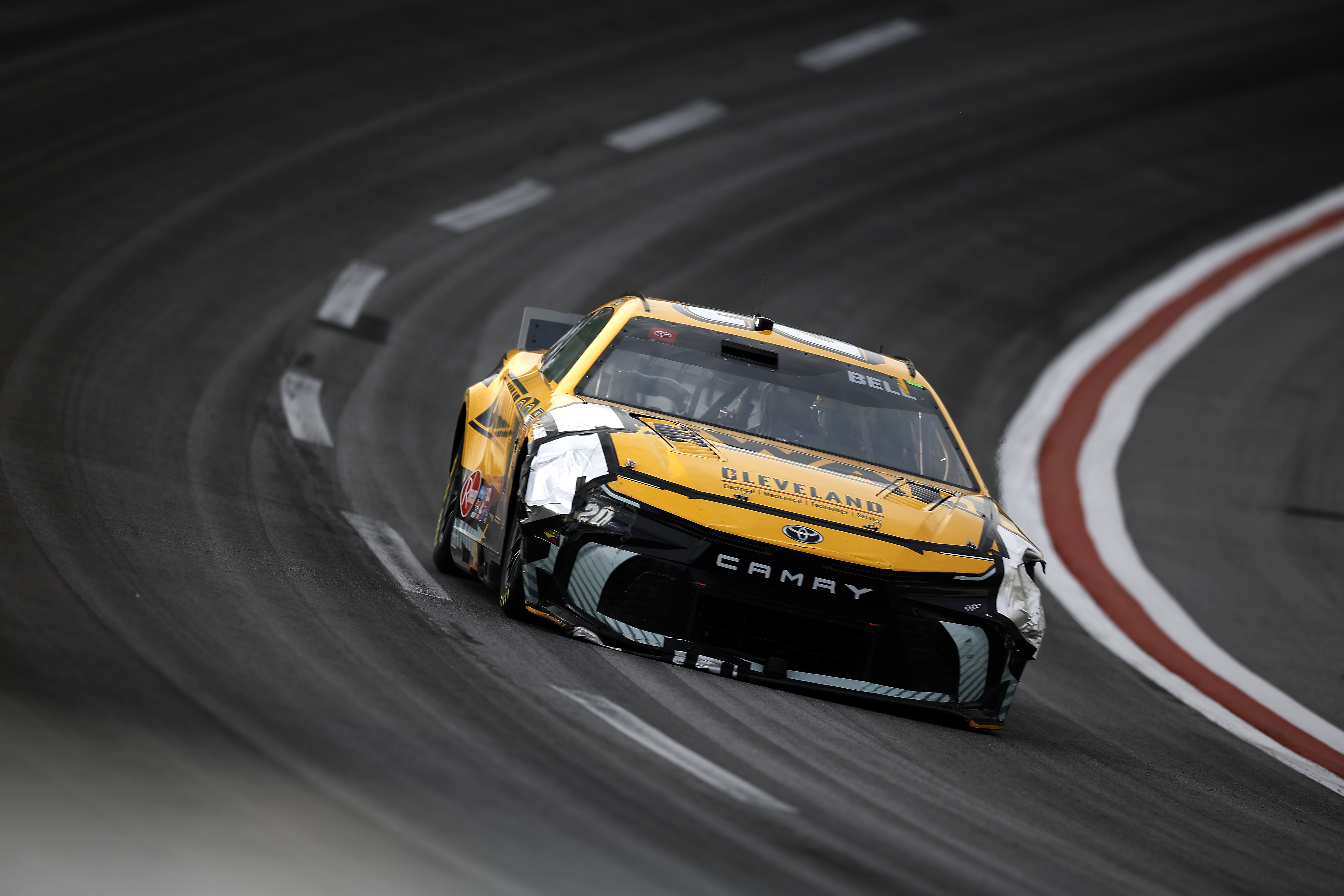 Christopher Bell, driver of the #20 DEWALT Toyota, drives during the NASCAR Cup Series Ambetter Health 400 at Atlanta Motor Speedway on February 25, 2024 in Hampton, Georgia.