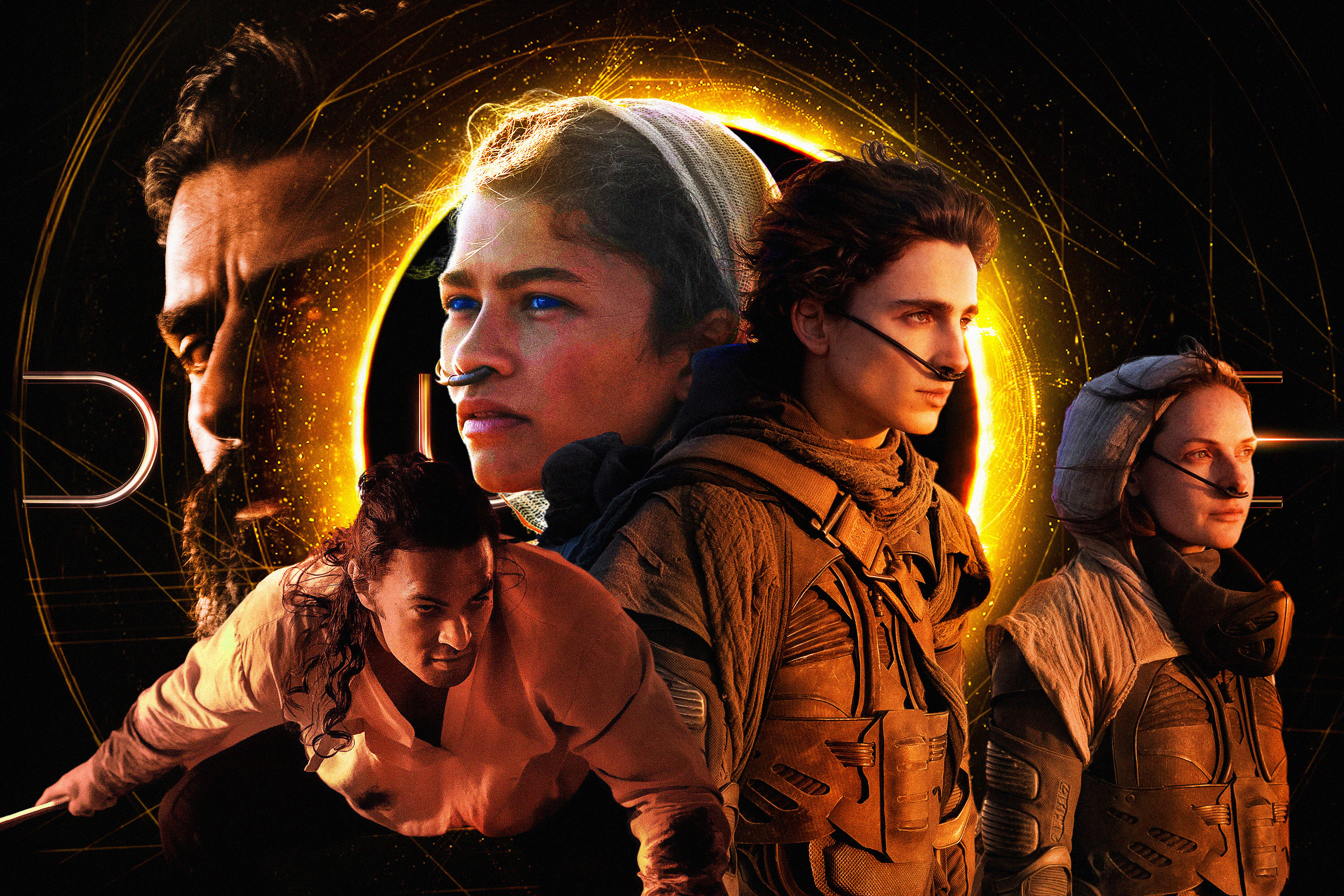 Photo illustration featuring a montage of the main characters from the Movie DUNE on a dark background and a glowing planet